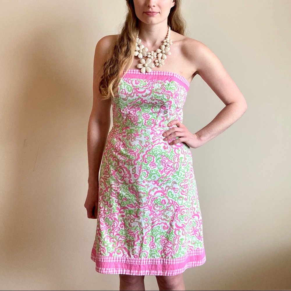 Lilly Pulitzer pink &green printed strapless dress - Picture 3 of 12